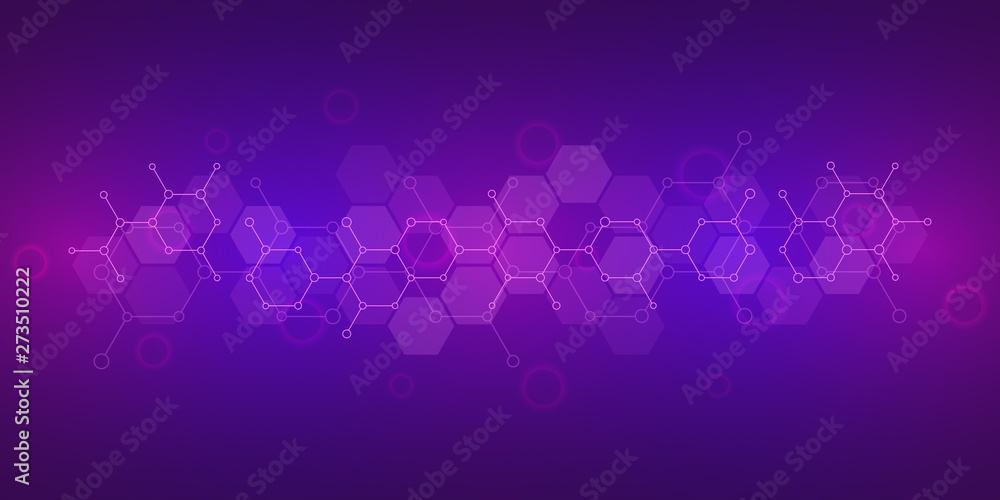 Wall mural Abstract molecules on purple background. Molecular structures or chemical engineering, genetic research, technological innovation. Scientific, technical or medical concept.