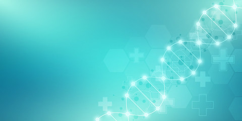 Obraz premium DNA strand and molecular structure. Genetic engineering or laboratory research. Background texture for medical or scientific and technological design.