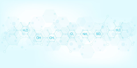Abstract chemistry pattern on soft blue background with chemical formulas and molecular structures. Template design with concept and idea for science and innovation technology.