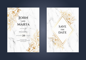 Luxury Marble Wedding invitation cards with rose gold geometric polygonal lines vector design template. eps10