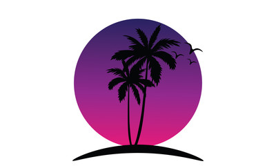 The icon gradient illustration of sunset landscape with palms trees and birds