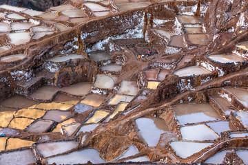 view on colorful ponds' reflecting surfaces of  the salt terraces in the salt pans of Maras, salineras de Maras near Cusco in Peru. South America