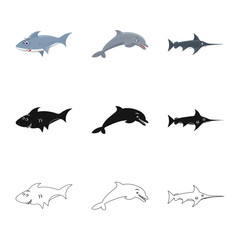 Vector illustration of sea and animal sign. Collection of sea and marine stock vector illustration.