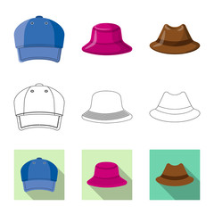 Vector illustration of headgear and cap icon. Collection of headgear and accessory vector icon for stock.