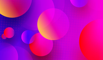 Blue with pink light background with colored circles and abstract geometric shapes
