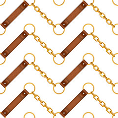 Seamless pattern of gold chains and leather belts