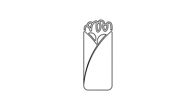 Black Burrito line icon on white background. Traditional mexican fast food. 4K Video motion graphic animation