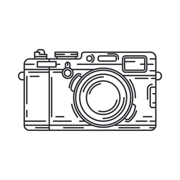 Line vector icon with digital slr professional camera. Photography art. Megapixel photocamera. Cartoon style illustration, element design. Photographic lens. Snapshot equipment. Digital photo studio.