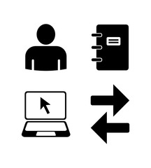 Set of black icons on white background. User silhouette, paper notebook, notebook (computer) and arrows pointing right and left