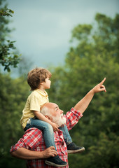 Happy grandfather and grandson on meadow in summer. Family holiday and togetherness. I love our...