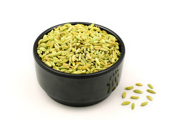 fennel seeds in plastic bowl isolated on white background.