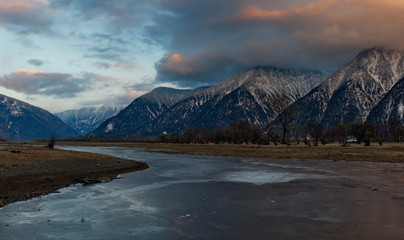 Russia. mountain Altai. Southern shore of lake Teletskoye near the mouth of the river Chulyshman