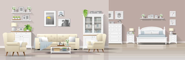 Modern country house interior background with living room and bedroom combination , vector , illustration