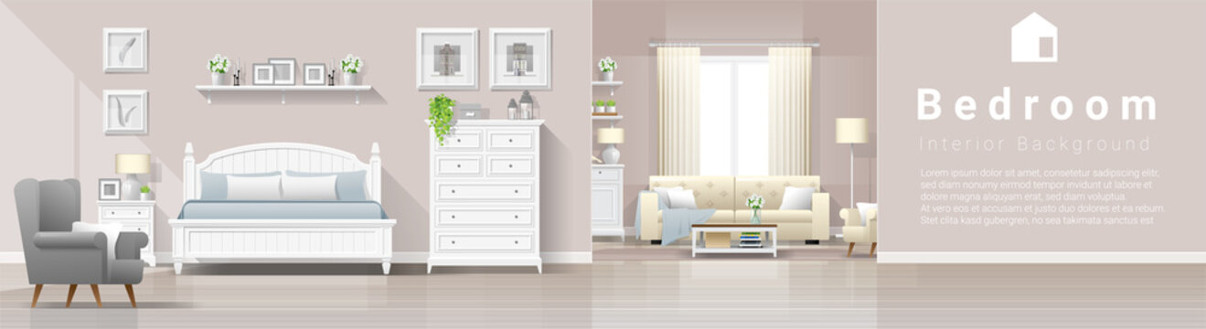 Modern country house interior background with bedroom and living room combination , vector , illustration