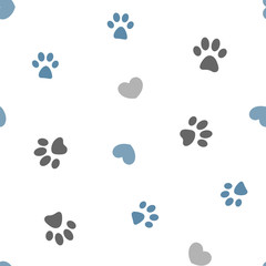 Gray and blue paws animal and hearts on white background seamless pattern.