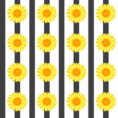 Seamless pattern with yellow flowers and black stripes