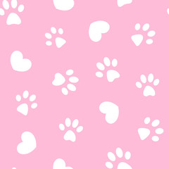 White paws and hearts on pink background seamless pattern cute design vector