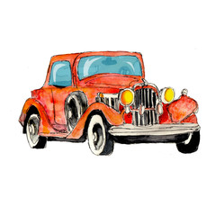 Watercolor hand drawn artistic colorful retro vintage car isolated on white baclground