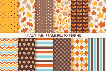 Autumn pattern. Vector. Seamless background with fall leaves, polka dot, zig zag and stripes. Set seasonal geometric textures. Colorful cartoon illustration in flat design. Abstract wallpaper.