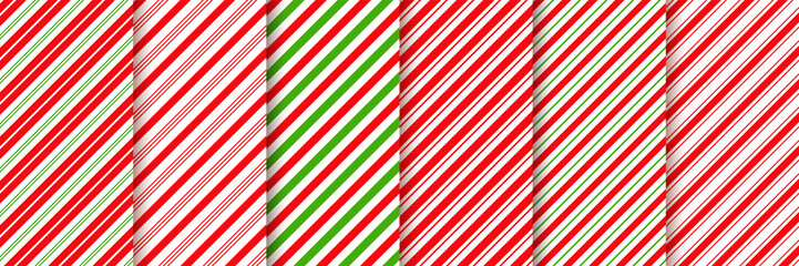 Cane candy pattern. Vector. Christmas seamless background. Stripes diagonal red green wrapping paper. Abstract texture. Holiday traditional peppermint backdrop. Sugar lollipop illustration.