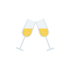 Glasses of champagne. Vector. Two sparkling toasting wine glasses with bubbles, cheers. Christmas icon isolated on white background in flat design. Cartoon colorful illustration.