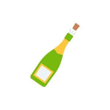 Champagne bottle explosion Vector. Fizz wine bottle with cork. Christmas icon isolated on white background in flat design. Cartoon colorful illustration.