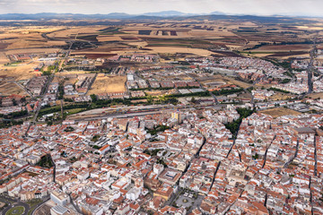 Panoramic aerial view of Merida cityscape, Spain