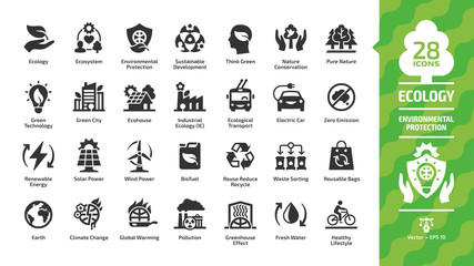 Ecology icon set with green city, ecosystem,  eco technology, renewable energy, environment protection, sustainable development, nature conservation, ecological transport and recycling glyph symbols.