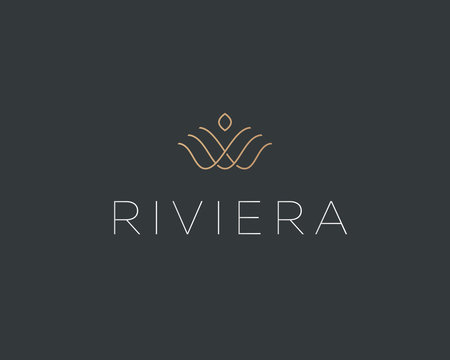Linear flower crown logotype. Royal real estate icon symbol. Shell pearl vector logo.