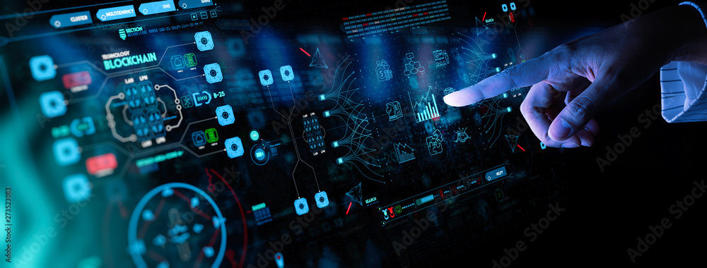 Aufkleber hand working with Business data analytics process management with KPI financial charts and graph marketing dashboard.