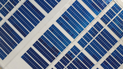 The top view of the solar cells on the roof taken with the drones