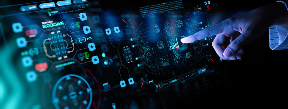 hand working with Business data analytics process management with KPI financial charts and graph marketing dashboard.