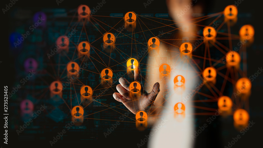Poster Businesswoman hand working global structure networking and data exchanges customer connection with new computer Ui.social network data science.