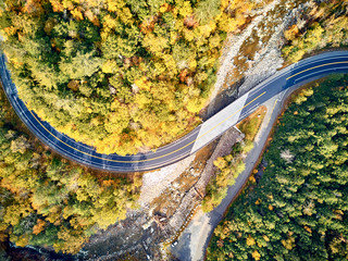 Scenic Mohawk Trail winding highway at autumn, Massachusetts, USA. Fall in New England. Aerial...