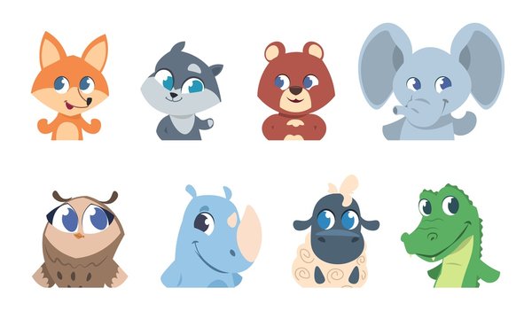 Cute baby animals. Cartoon pet and wild forest animal faces, funny character for greeting cards and invitation flyers. Vector isolated illustrations sketch set