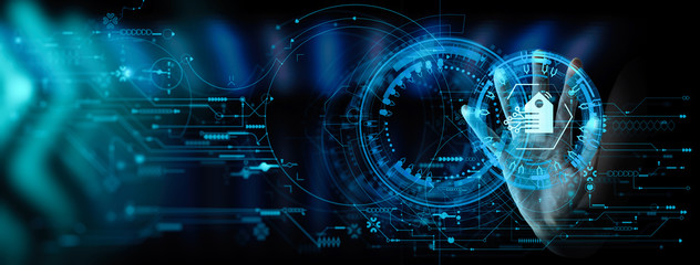 Hand pushing Smart home Automation Control System Ui with Innovation technology internet Network Concept.