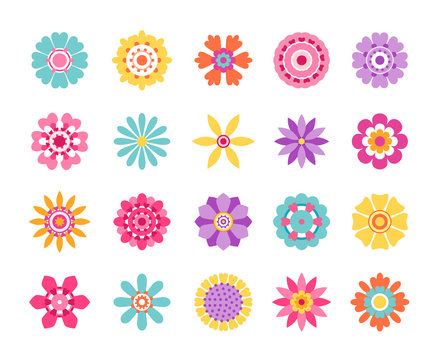 Cartoon flower icons. Cute summer stickers and nature pattern, retro daisy clip art set. Vector modern stylized pink and yellow flower set