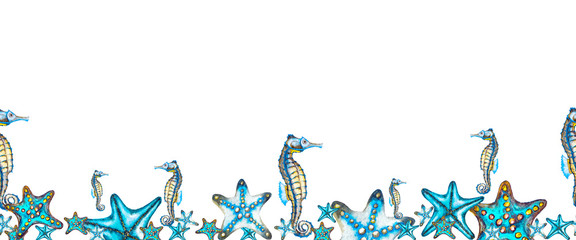 Seamless bottom border with sea stars and seahorses.
