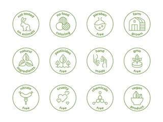 Eco line badge. Natural organic logos, paraben free not tested on animals, cruelty free labels, face skincare. Vector design bages illustration set