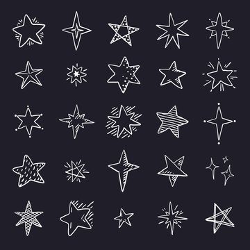 Doodle stars on black background. Cute pen sketch space elements, simple geometric set. Vector illustration hand drawn star pattern for print textile
