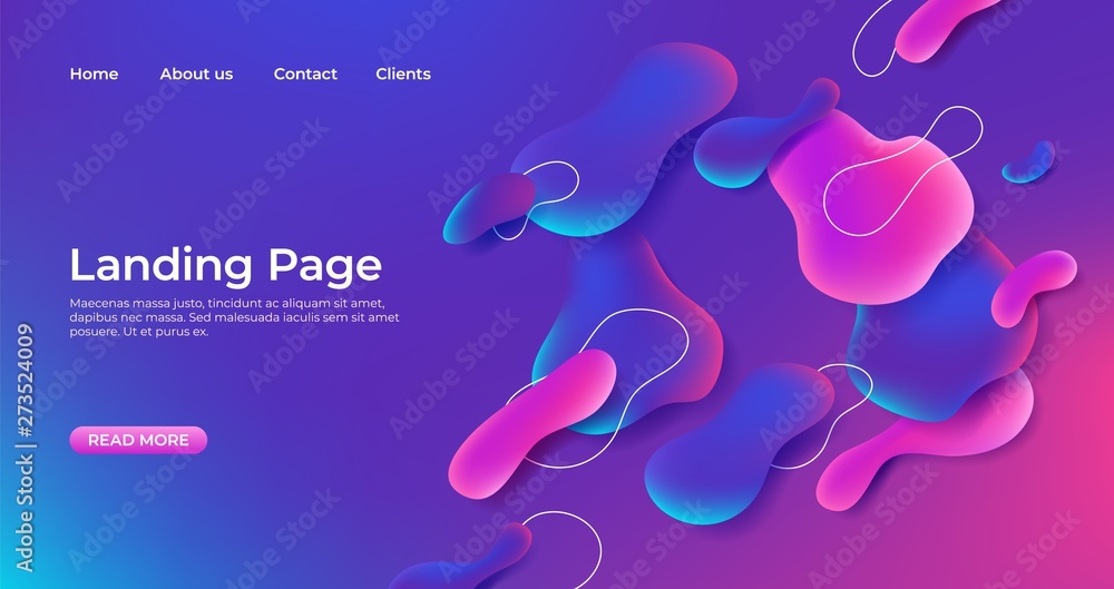 Poster Landing page abstract template. Fluid website 3D bubble shapes background. Abstract gradient shape design, modern dynamic liquid graphic, futuristic vector geometric trendy