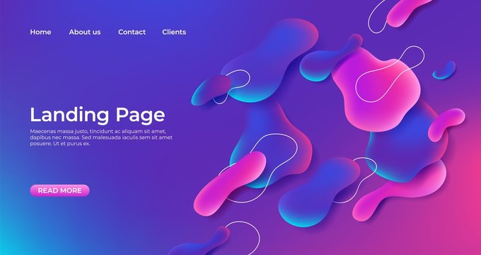 Landing page abstract template. Fluid website 3D bubble shapes background. Abstract gradient shape design, modern dynamic liquid graphic, futuristic vector geometric trendy