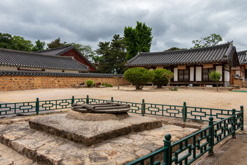 Panorama of Courtyard and traditional building facades of the korean Gyeongju Hyanggyo Confucian School. Gyeongju, South Korea, Asia.