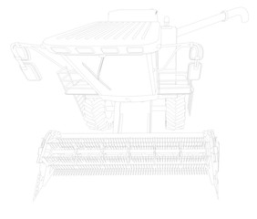 Industrial 3D illustration of thin contoured, detailed 3D model of big rural harvester on white, food industry equipment research concept