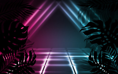 Background of empty dark scenes with neon lights and shapes, smoke. Silhouettes of tropical palm leaves in the foreground. Bright futuristic abstract background