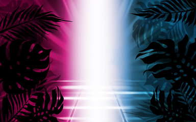 Background of empty dark scenes with neon lights and shapes, smoke. Silhouettes of tropical palm leaves in the foreground. Bright futuristic abstract background