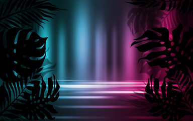 Background of empty dark scenes with neon lights and shapes, smoke. Silhouettes of tropical palm...