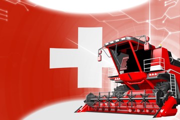 Agriculture innovation concept, red advanced farm combine harvester on Switzerland flag - digital industrial 3D illustration