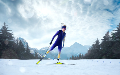 Biathlon. Skier biathlon champion. Winter Olympic sports.
