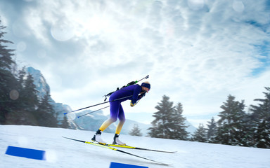 Biathlon. Skier biathlon champion. Winter Olympic sports.